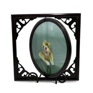 Double Sided Suzhou China DOG on Grass Silk EMBROIDERY Framed Glass and Wood 14"